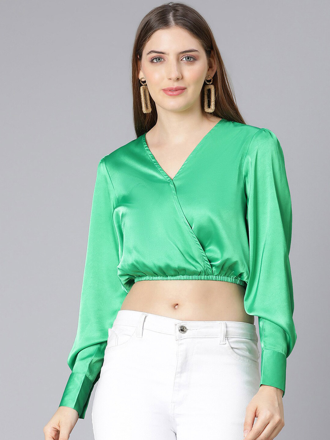 

Oxolloxo women Green Party Wear Wrap Crop Top
