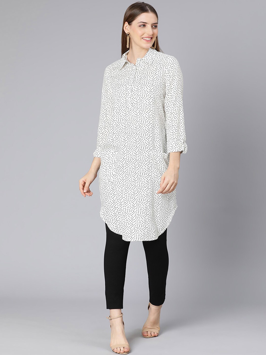 

Oxolloxo Women Off White & Black Polka Dot Printed Tunic