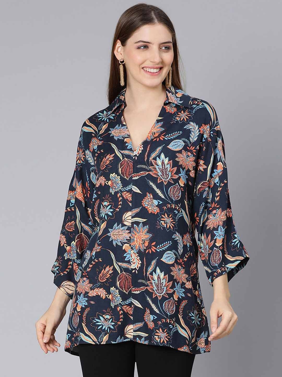 

Oxolloxo Women Navy Blue & Orange Viscose Rayon Printed Tunic