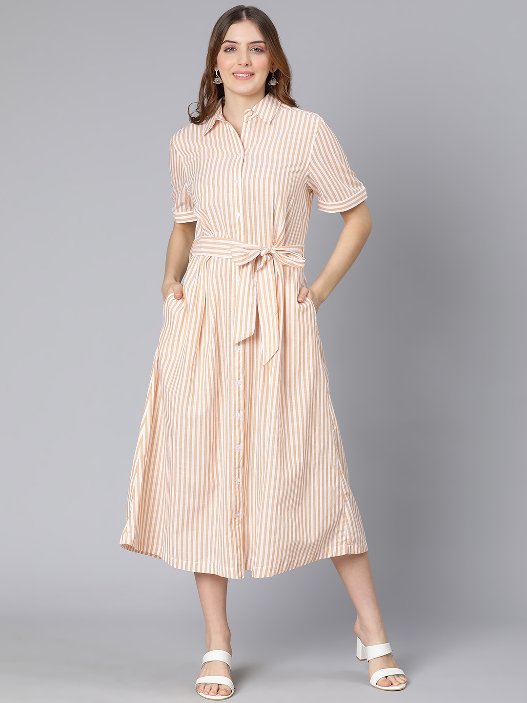 

Oxolloxo Women Mustard Yellow Striped Shirt Midi Dress