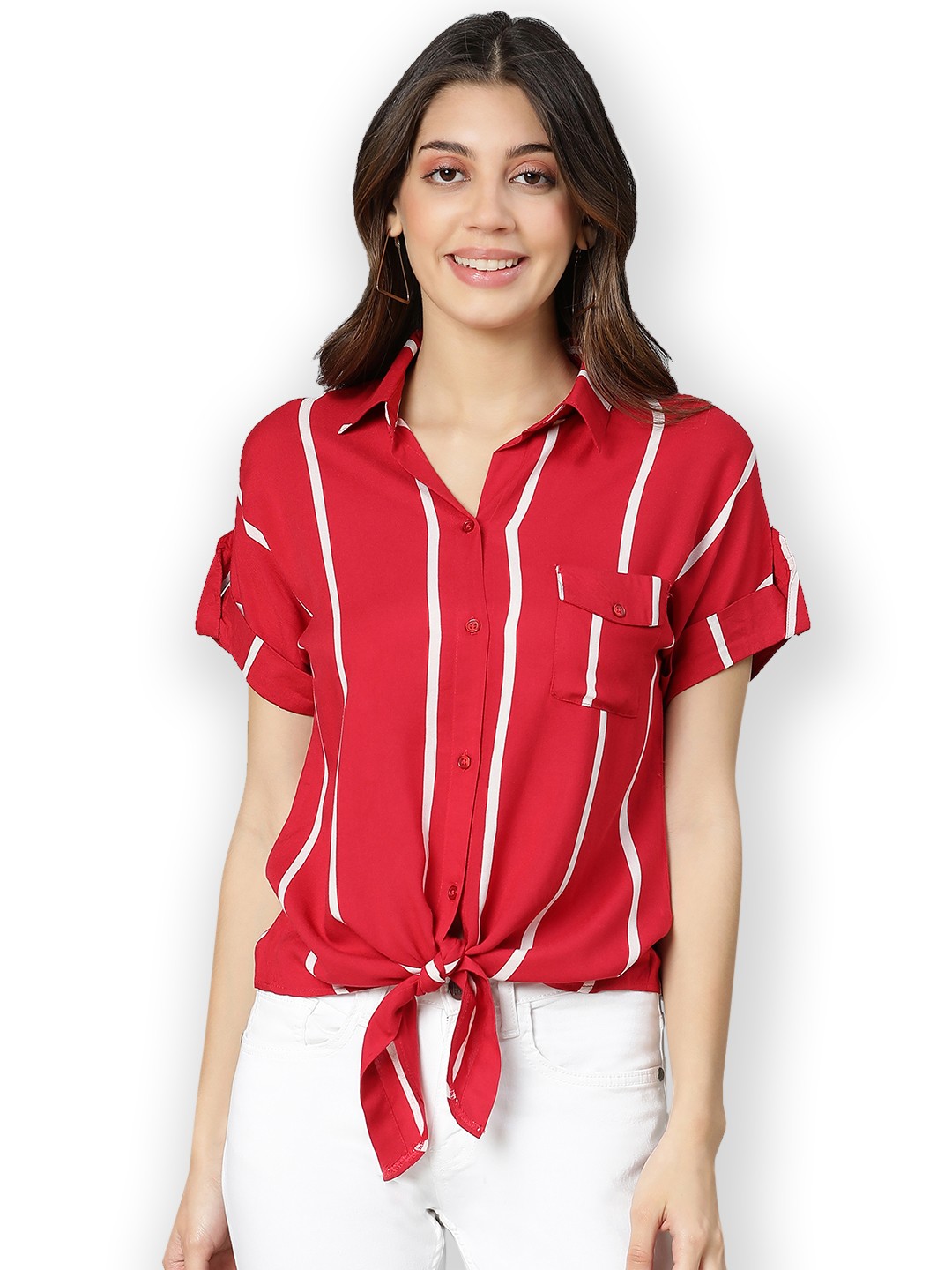 

Oxolloxo Women Red Classic Striped Casual Shirt