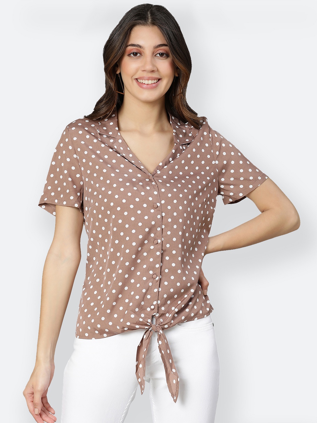 

Oxolloxo Women Taupe Classic Polka Dots Printed Casual Shirt