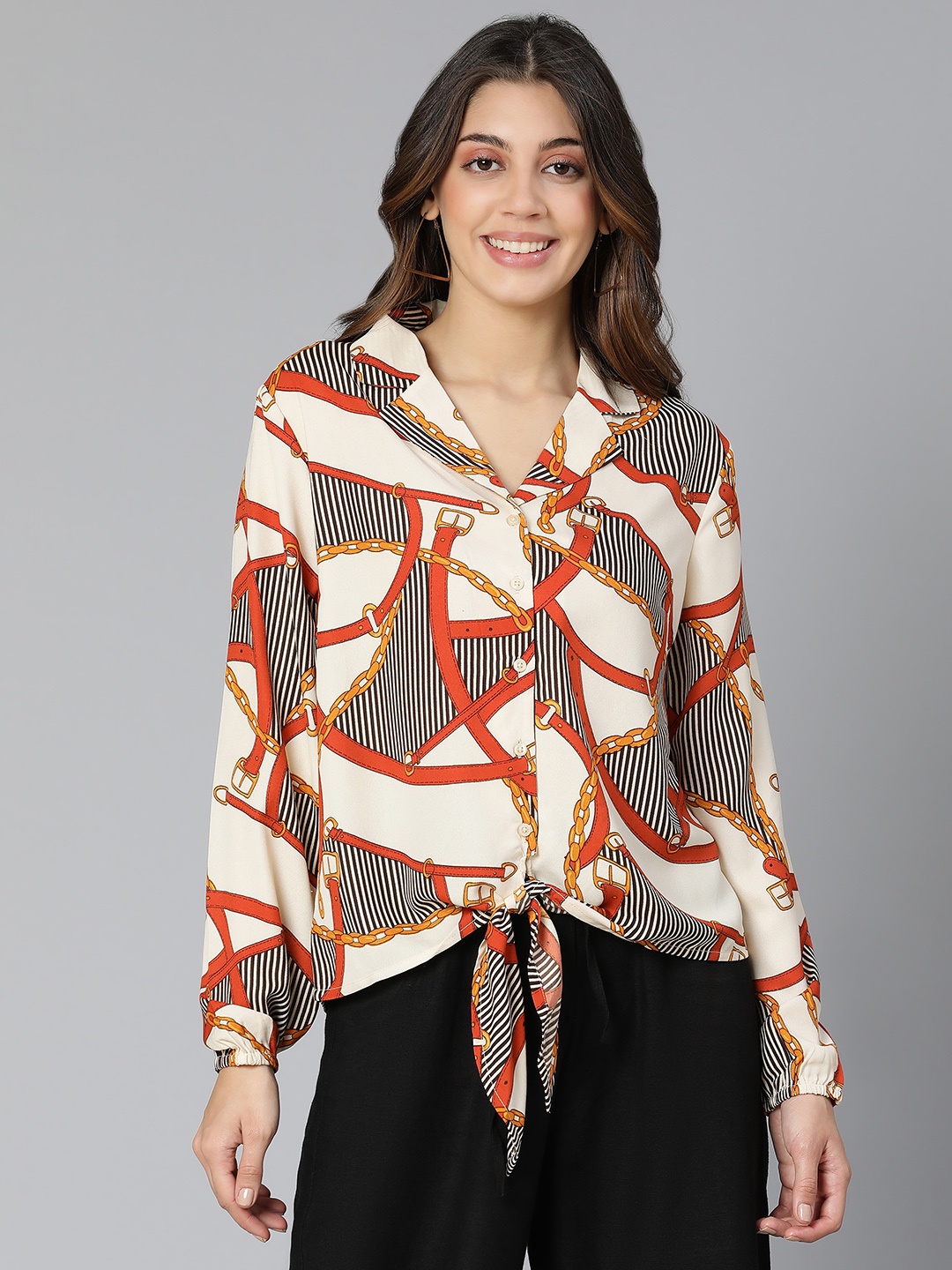 

Oxolloxo Women Cream-Coloured Classic Printed Casual Shirt