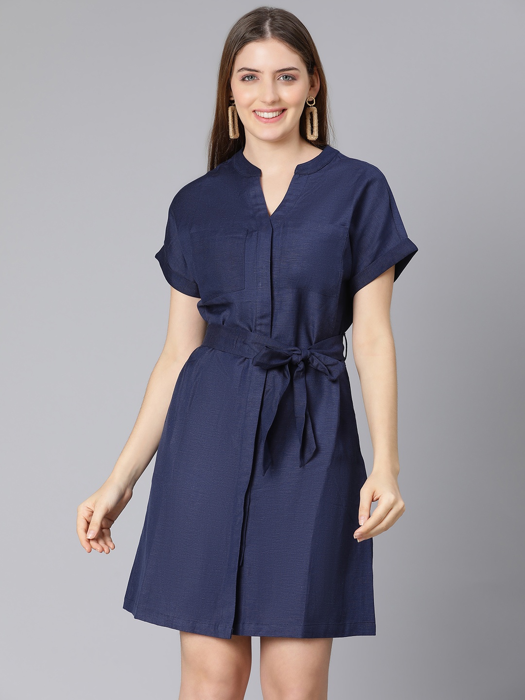 

Oxolloxo Blue Solid Casual Shirt Dress