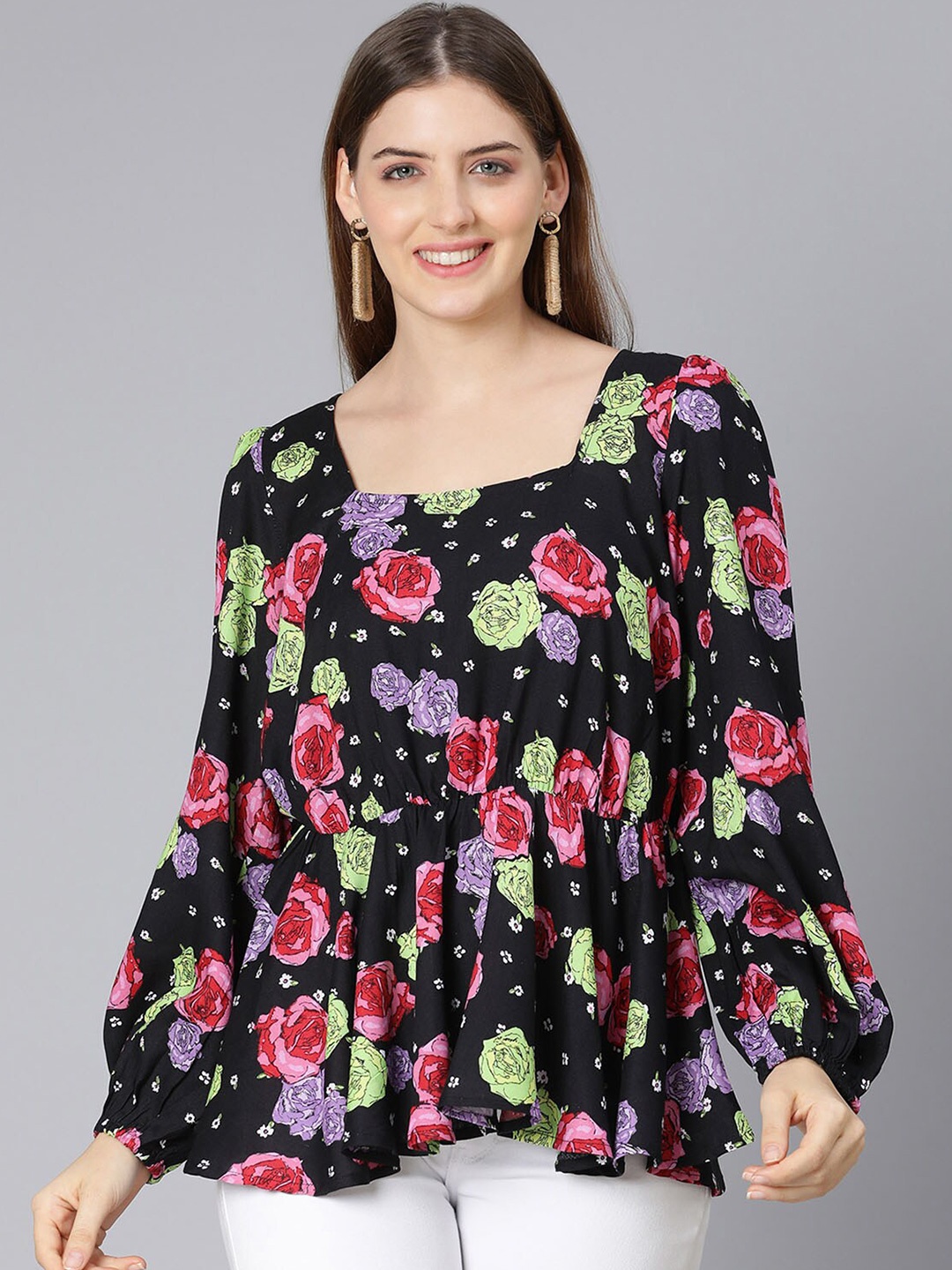 

Oxolloxo Black & Purple Floral Printed Tunic