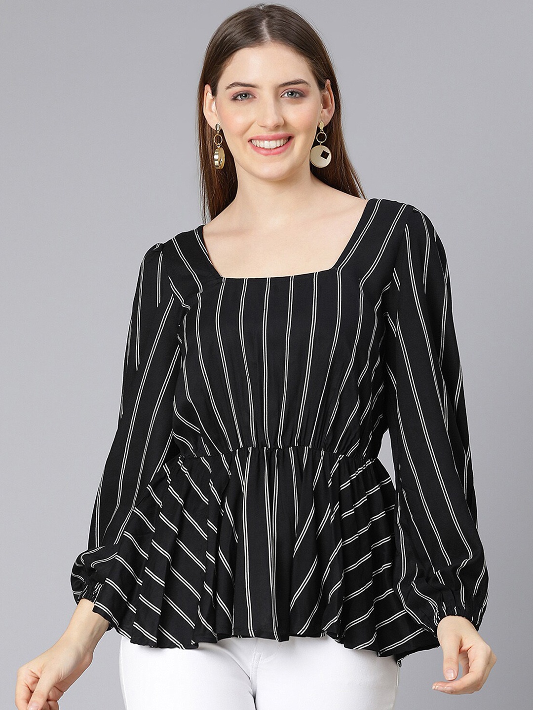 

Oxolloxo Black & White Viscose Rayon Square Neck Striped Tunic