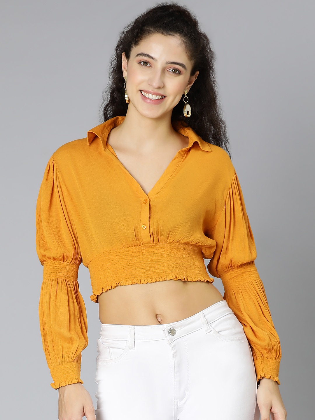 

Oxolloxo Mustard Yellow Crepe Blouson Crop Top