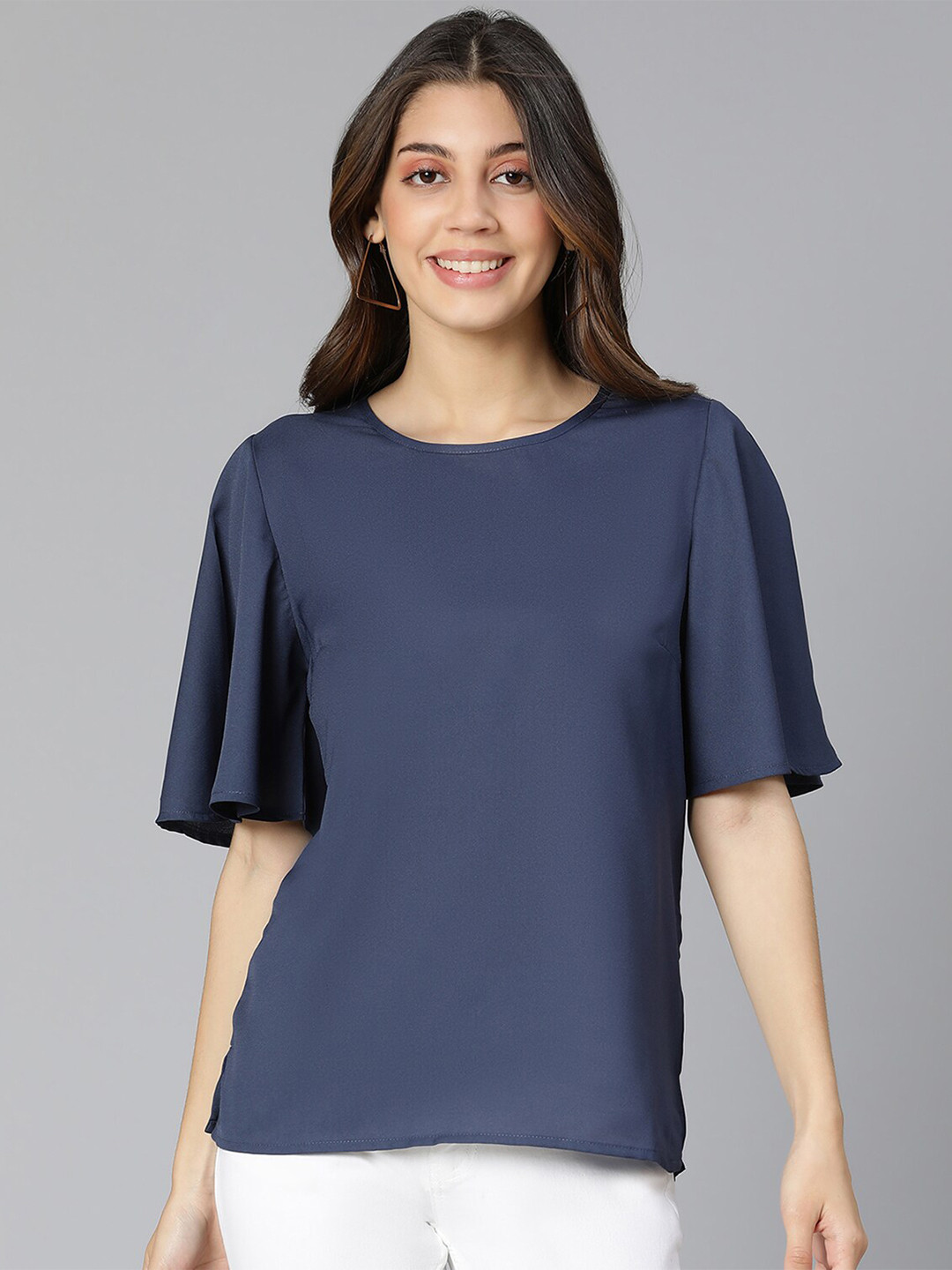 

Oxolloxo Navy Blue Flutter Sleeve Regular Top