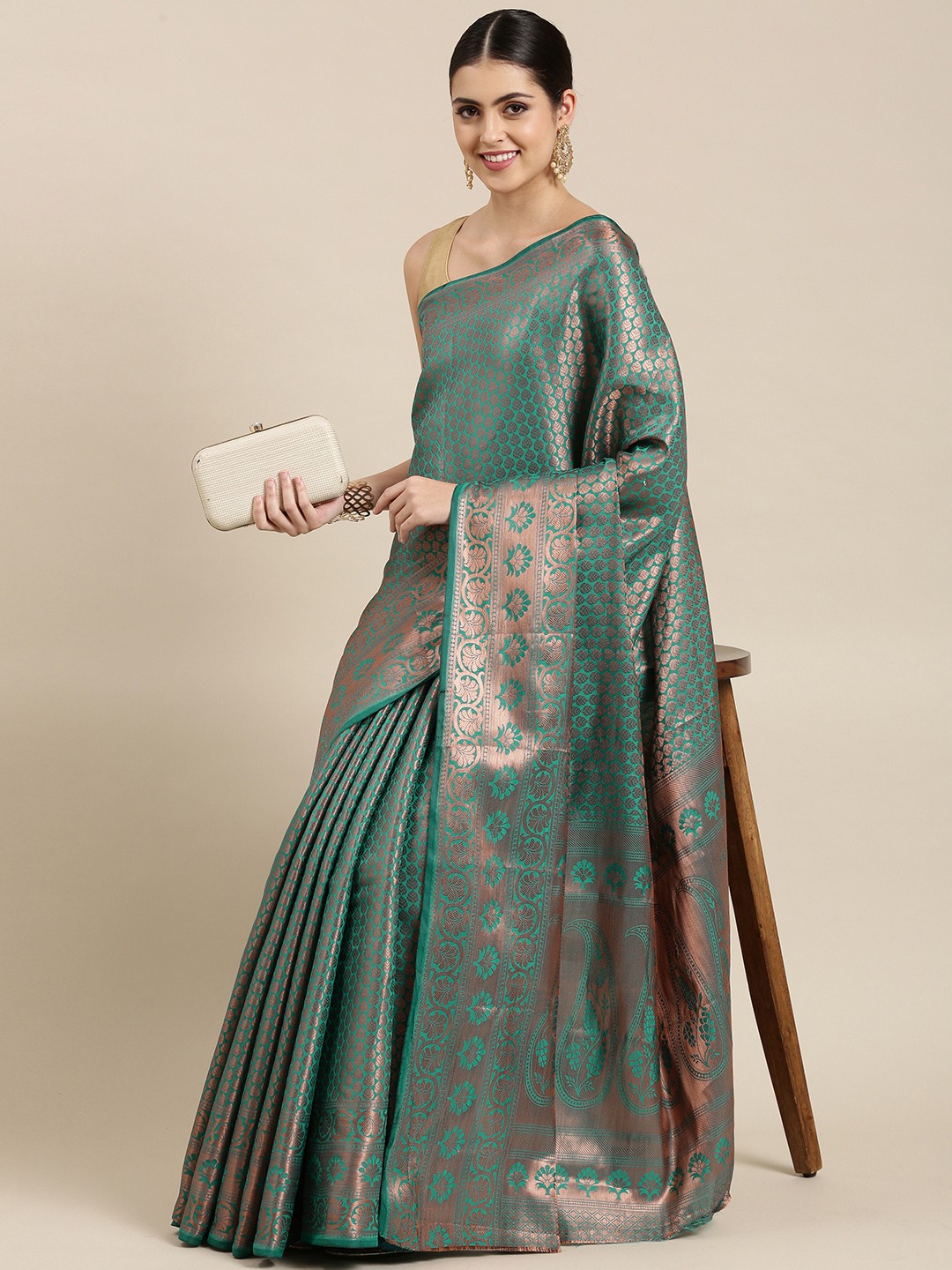 

Pothys Sea Green & Golden Ethnic Motifs Art Silk Banarasi Saree