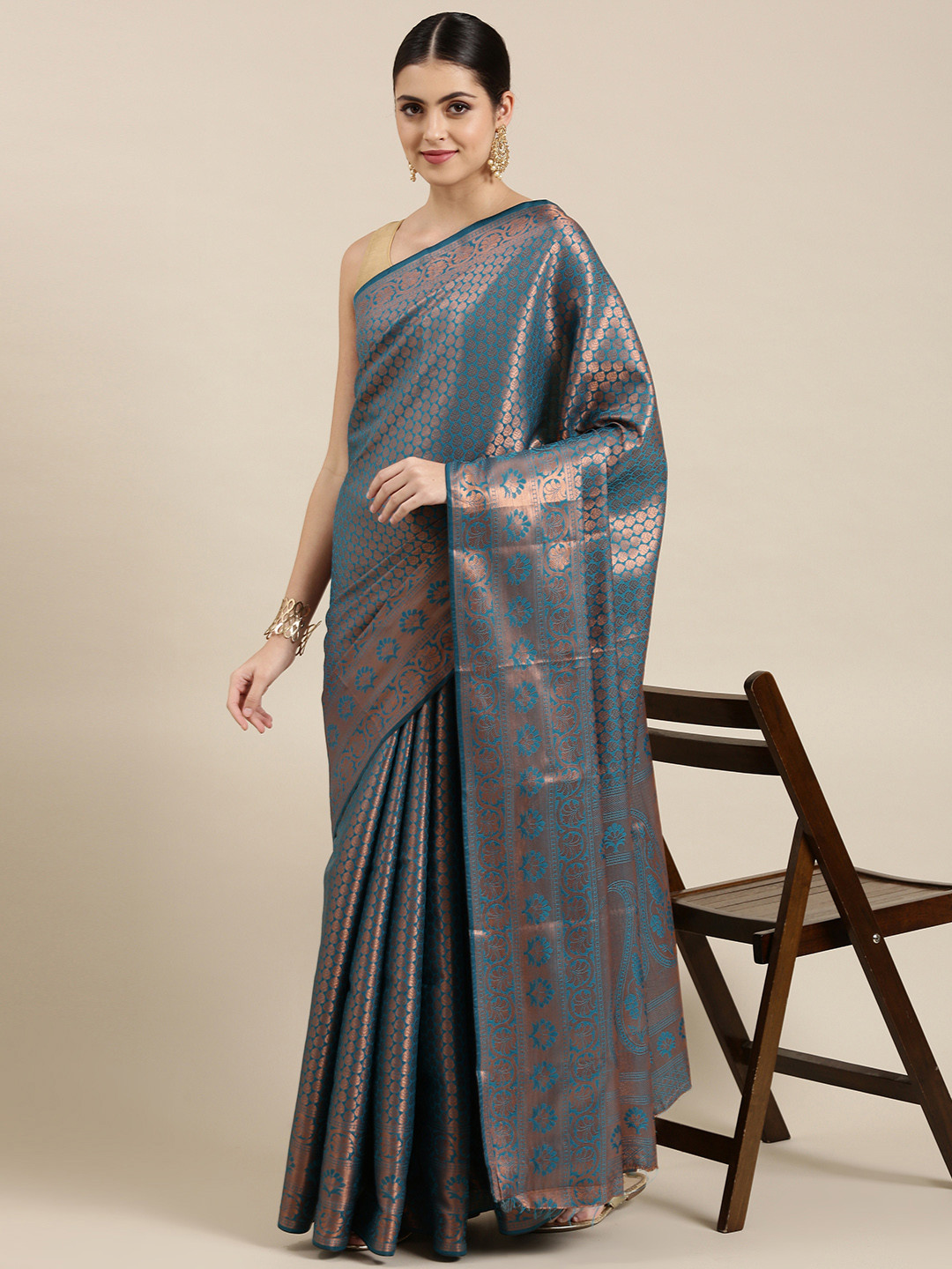

Pothys Blue & Golden Ethnic Motifs Art Silk Banarasi Saree