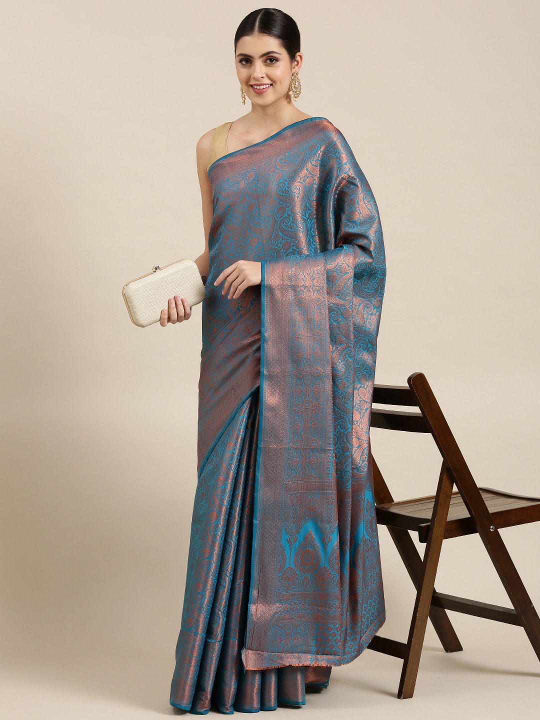 

Pothys Blue & Golden Ethnic Motifs Art Silk Banarasi Saree