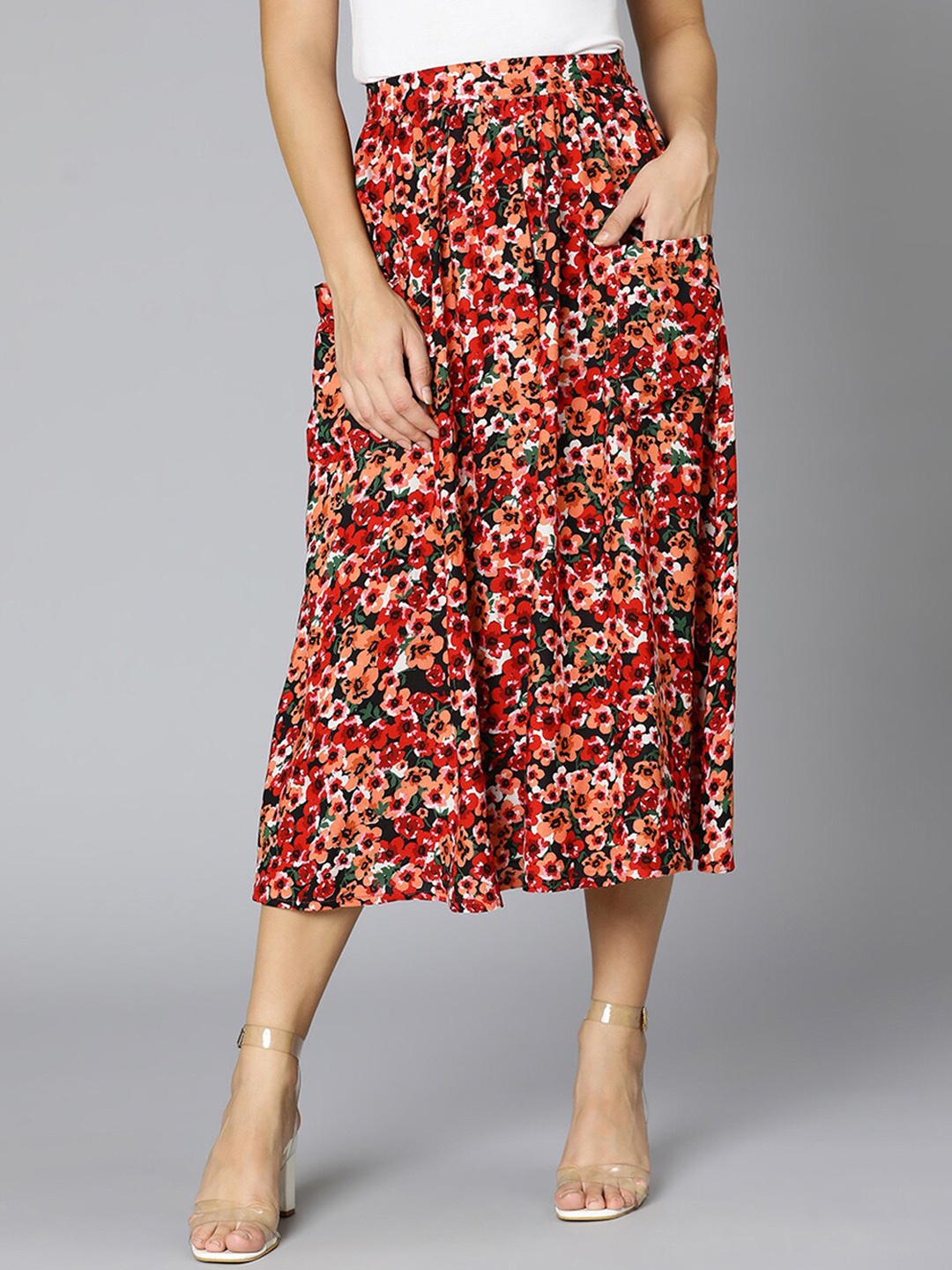 

Oxolloxo Women Red Floral Print Elasticated Maxi Skirt