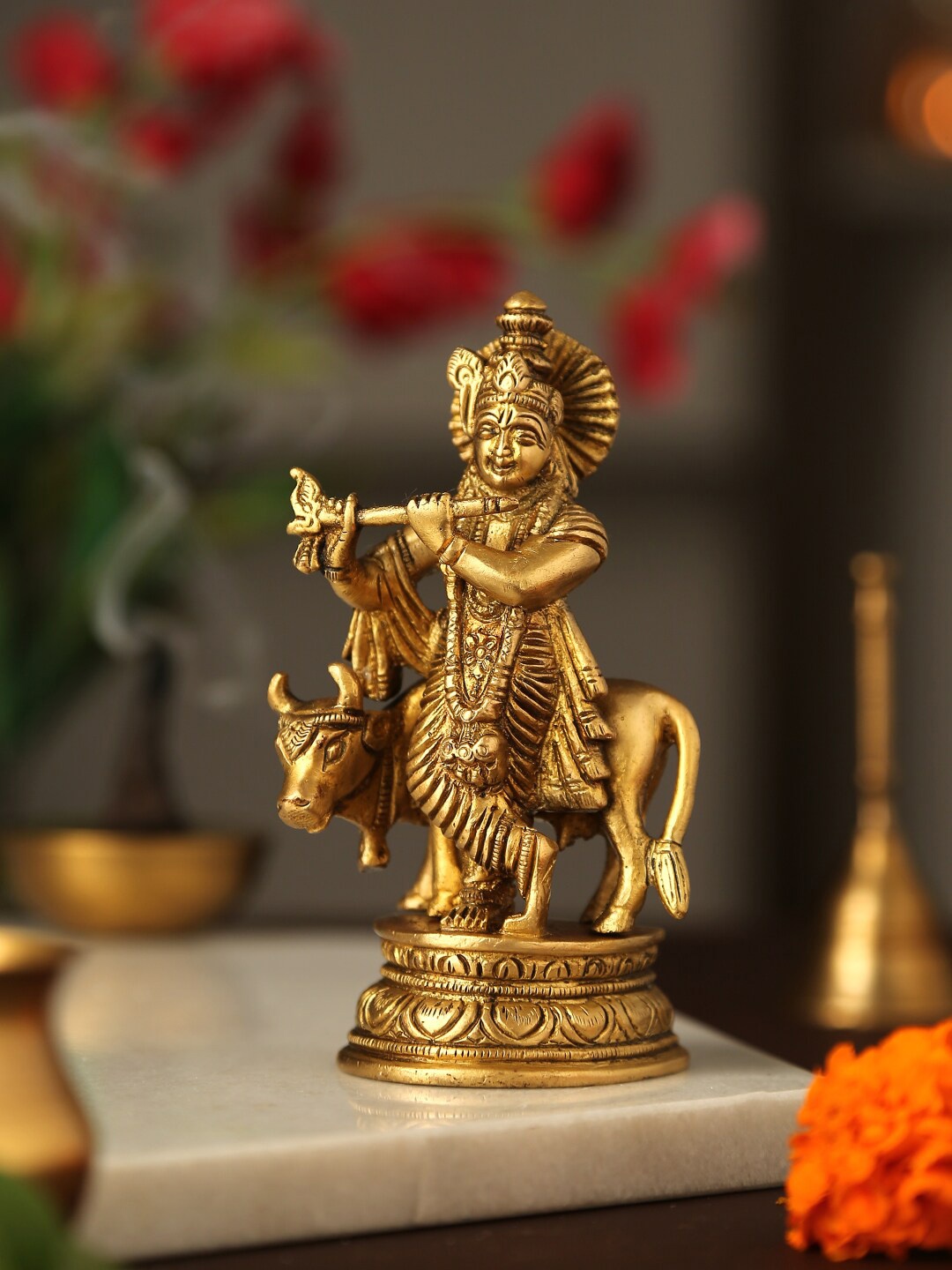 

Amoliconcepts Gold-Toned Krishna Idol with Cow Showpiece
