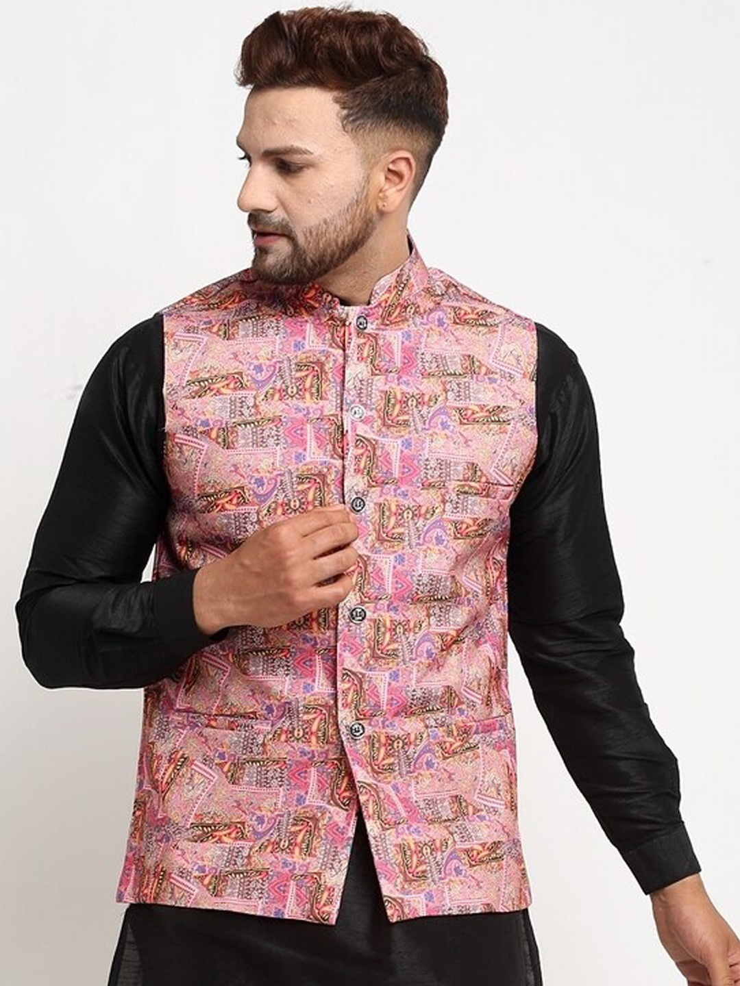 

Benstoke Men Pink & Brown Printed Woven Nehru Jacket