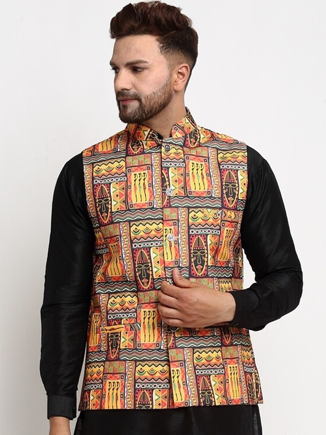

Benstoke Men Yellow Printed Nehru Jacket