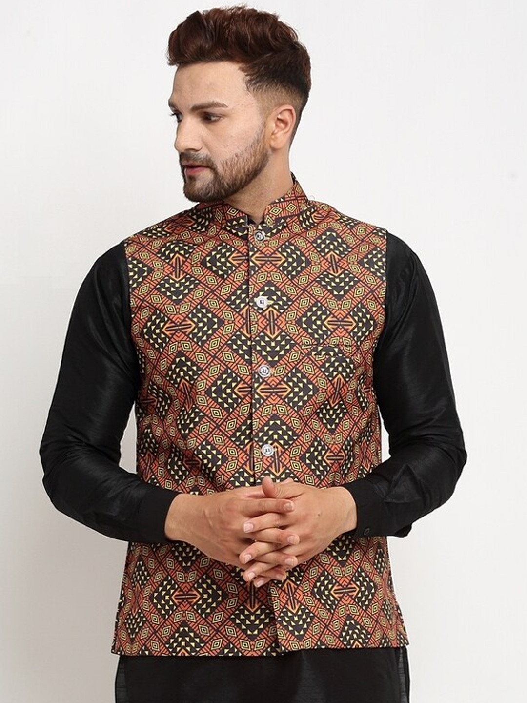 

Benstoke Men Brown Ethnic Motifs Printed Nehru Jackets