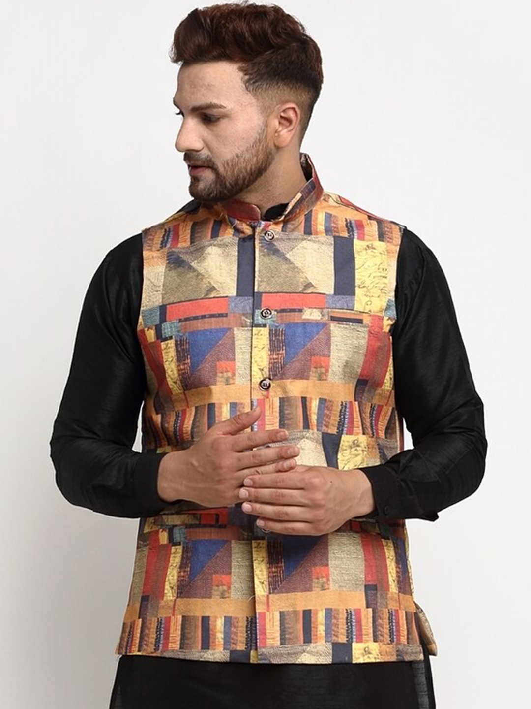 

Benstoke Men Beige & Brown Printed Woven Nehru Jacket