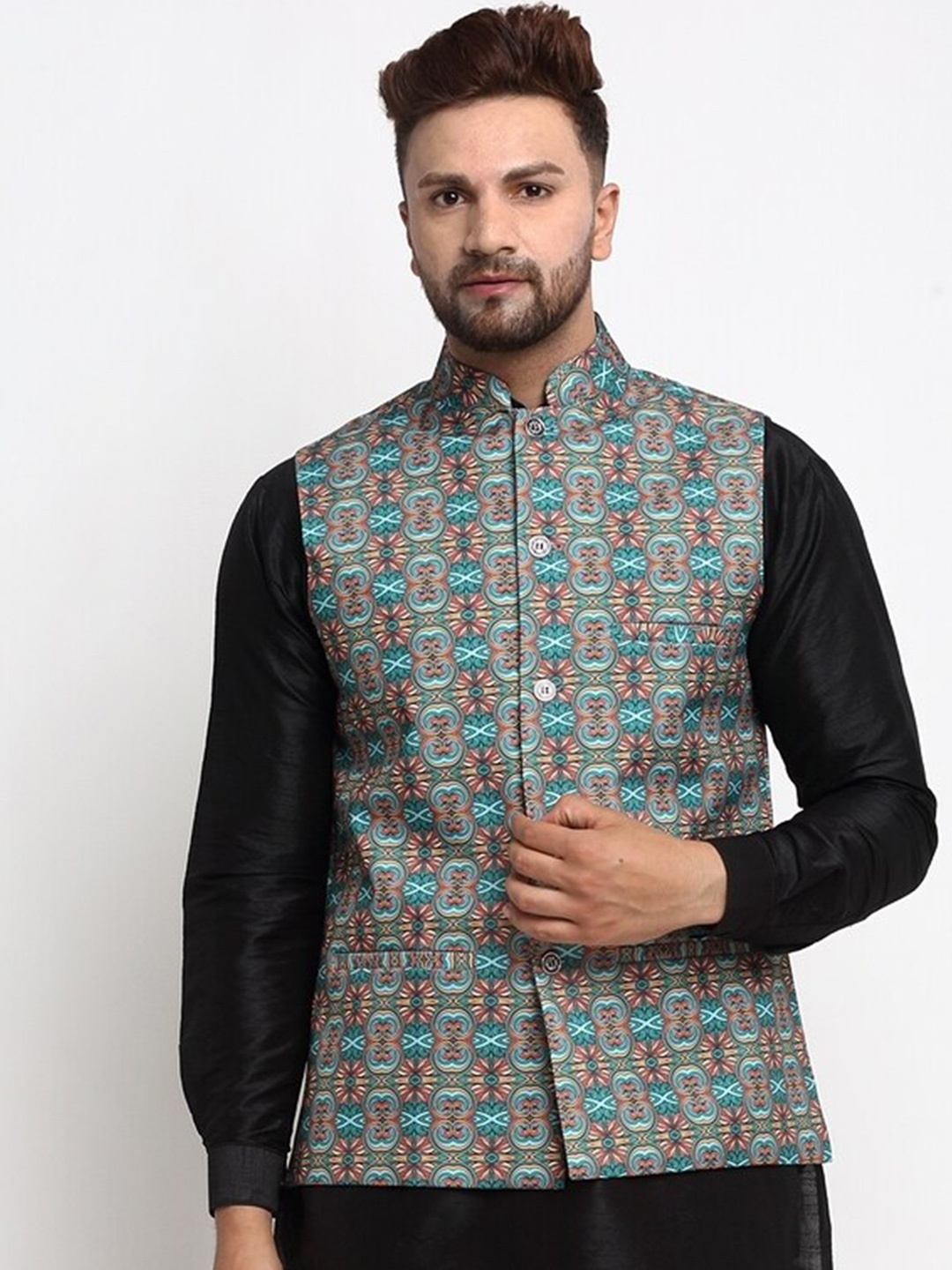 

Benstoke Men Green Printed Woven Design Nehru Jacket