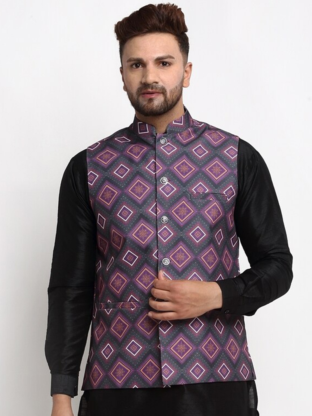 

Benstoke Men Purple Printed Woven Nehru Jackets