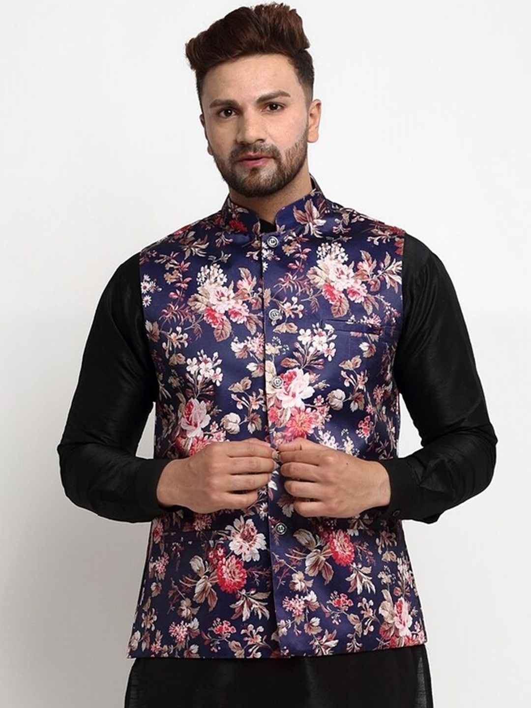 

Benstoke Men Blue & Pink Floral Printed Nehru Jacket