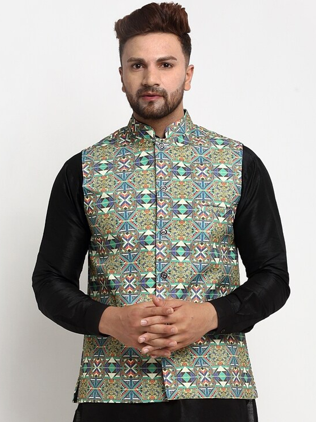 

Benstoke Men Green Printed Woven Nehru Jacket
