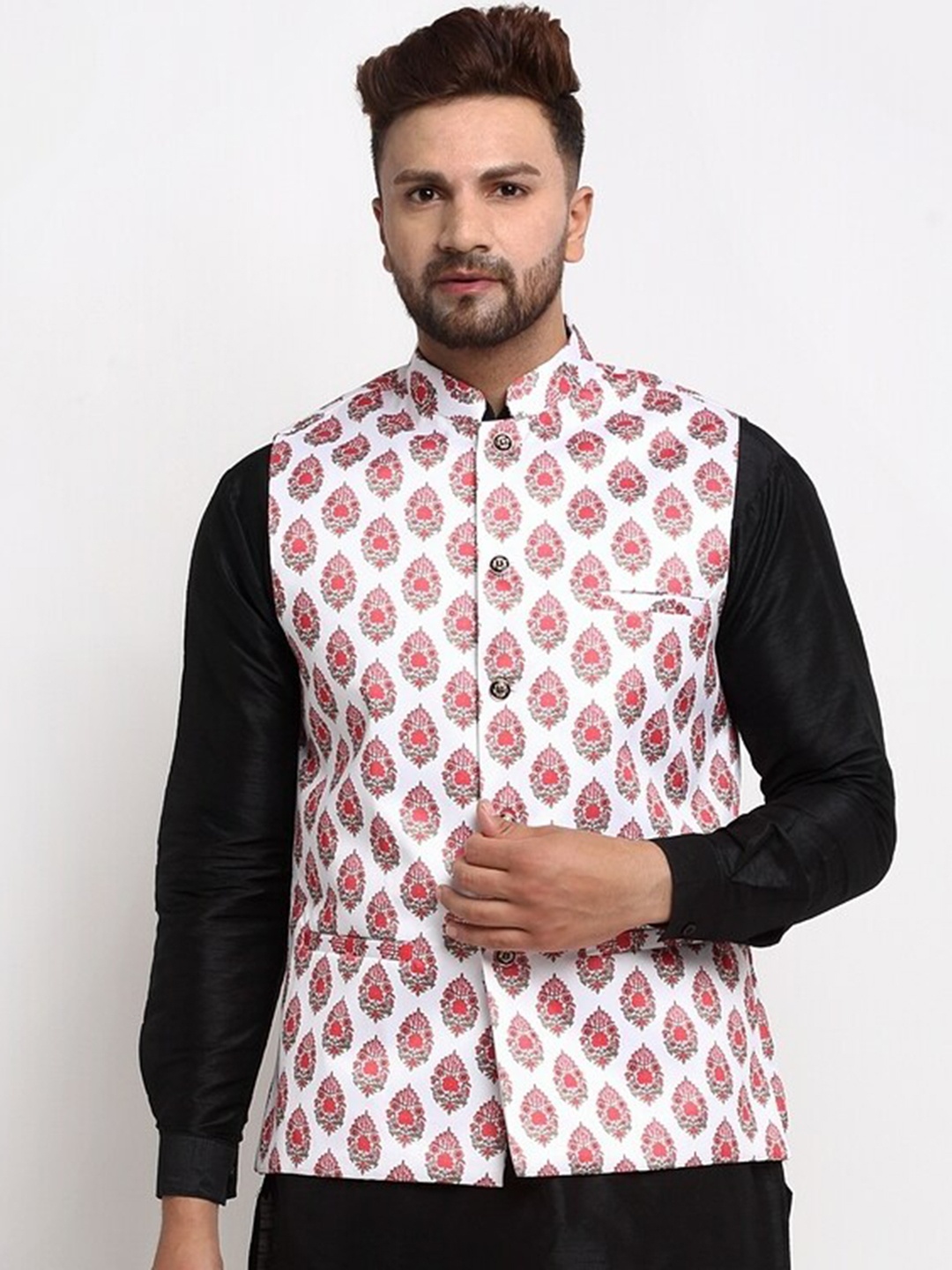 

Benstoke Men White & Pink Printed Woven Nehru Jacket