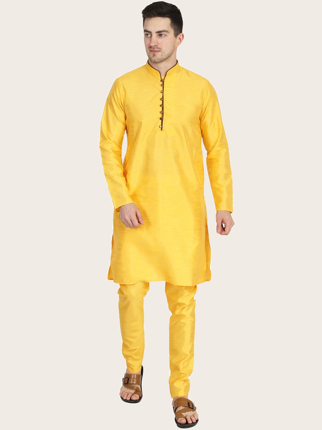 

TAHVO Men Yellow Solid Dupion Silk Kurta with Pyjamas