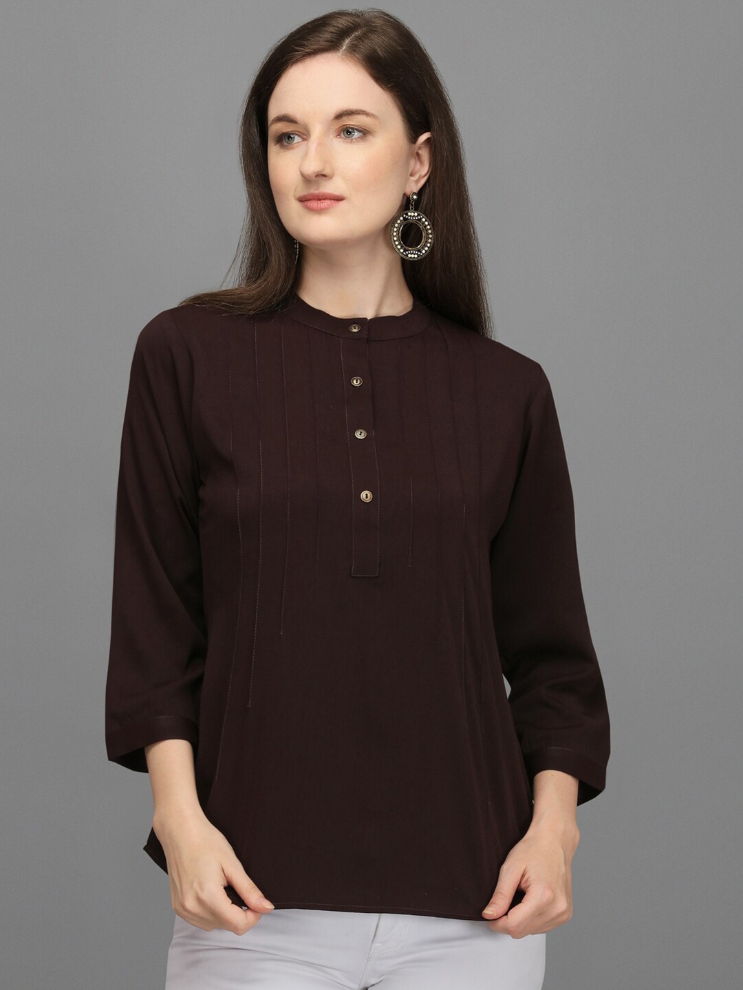 

Prettify Brown Mandarin Collar Top