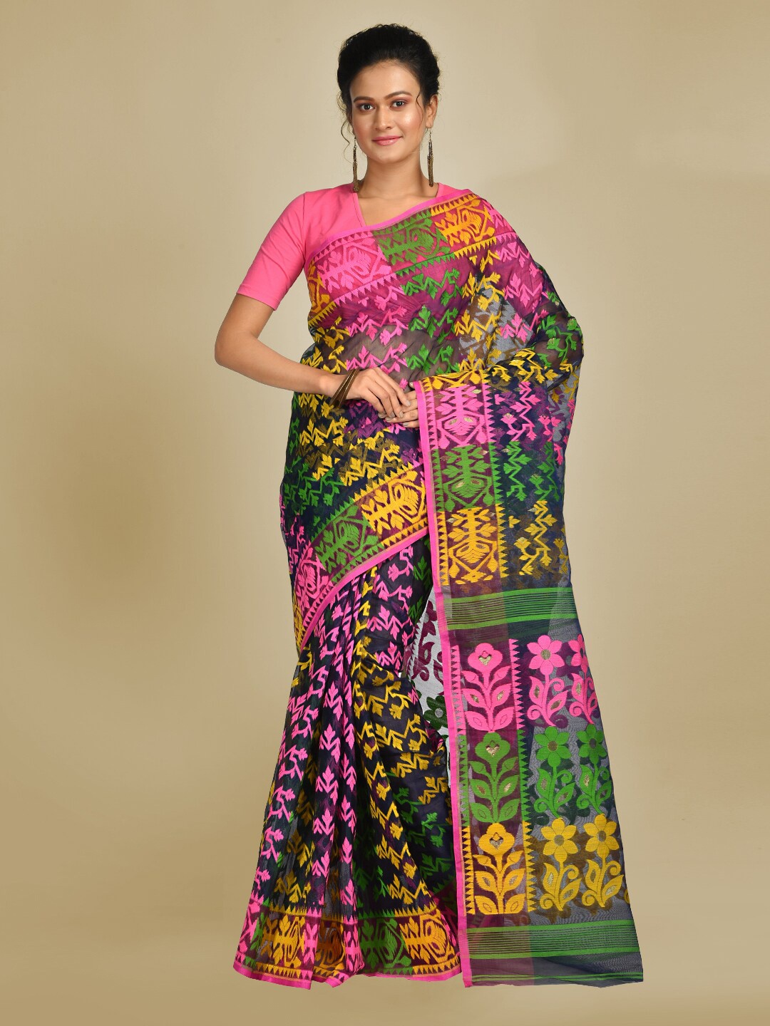 

Mitera Yellow & Pink Floral Silk Cotton Jamdani Saree