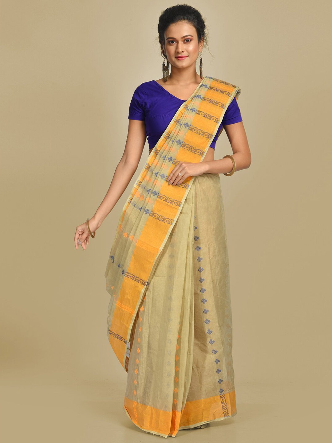 

Mitera Women Beige & Navy Blue Floral Pure Cotton Fusion Saree