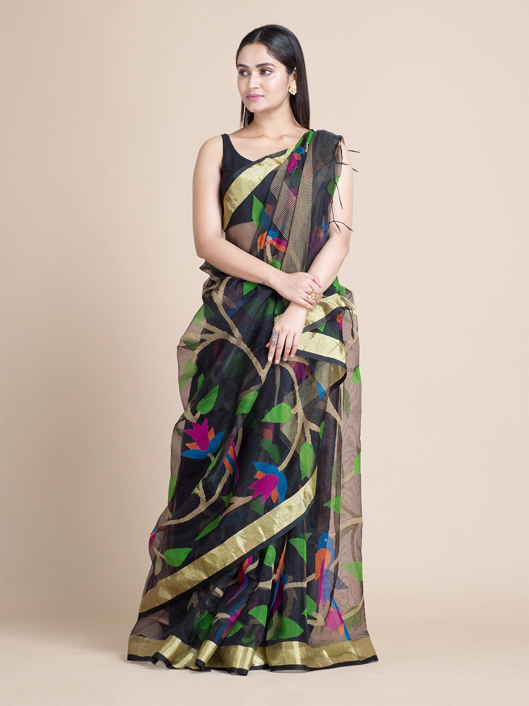 

Mitera Black & Green Floral Silk Cotton Saree