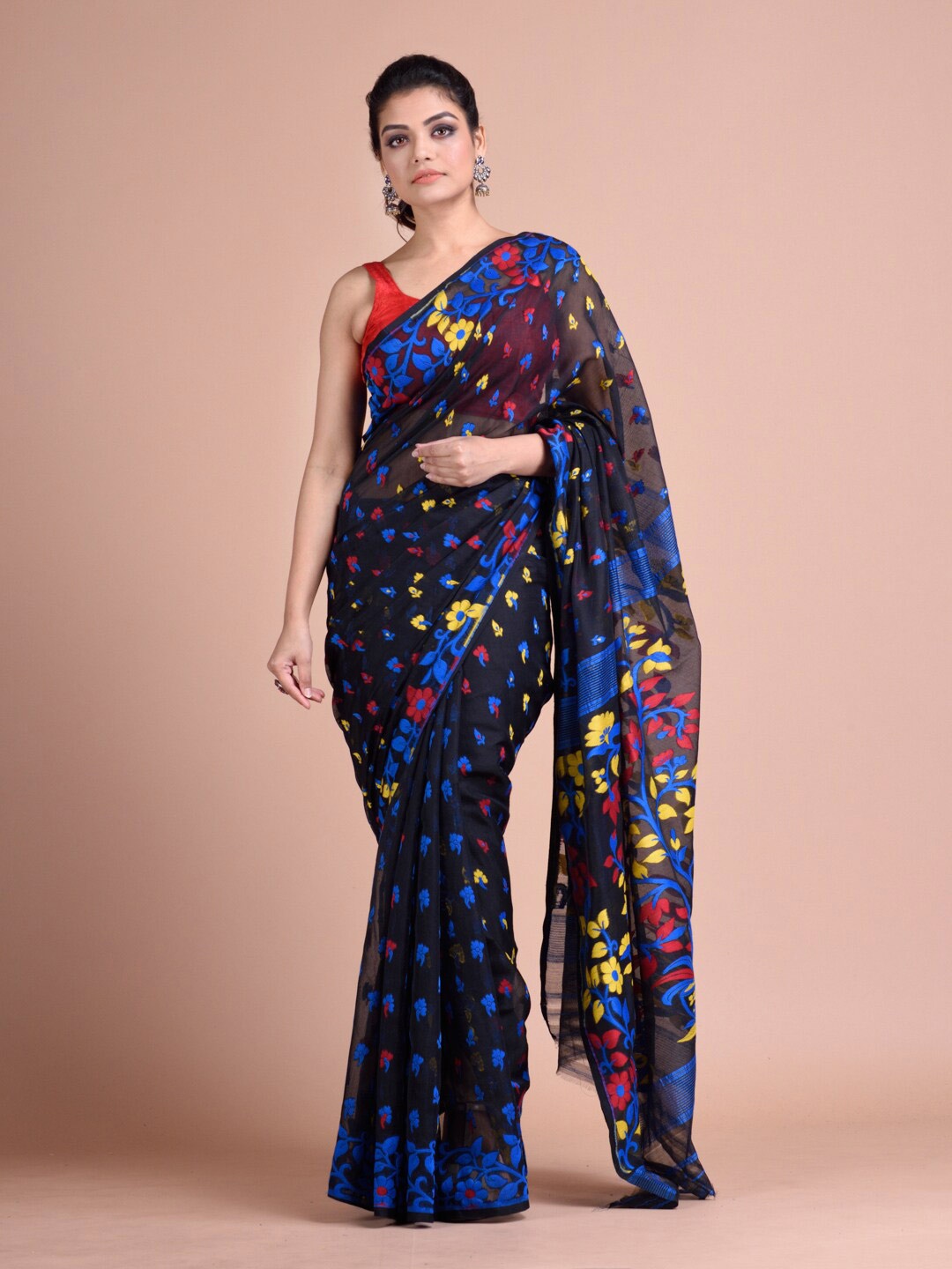 

Mitera Women Black & Blue Woven Design Silk Cotton Jamdani Saree