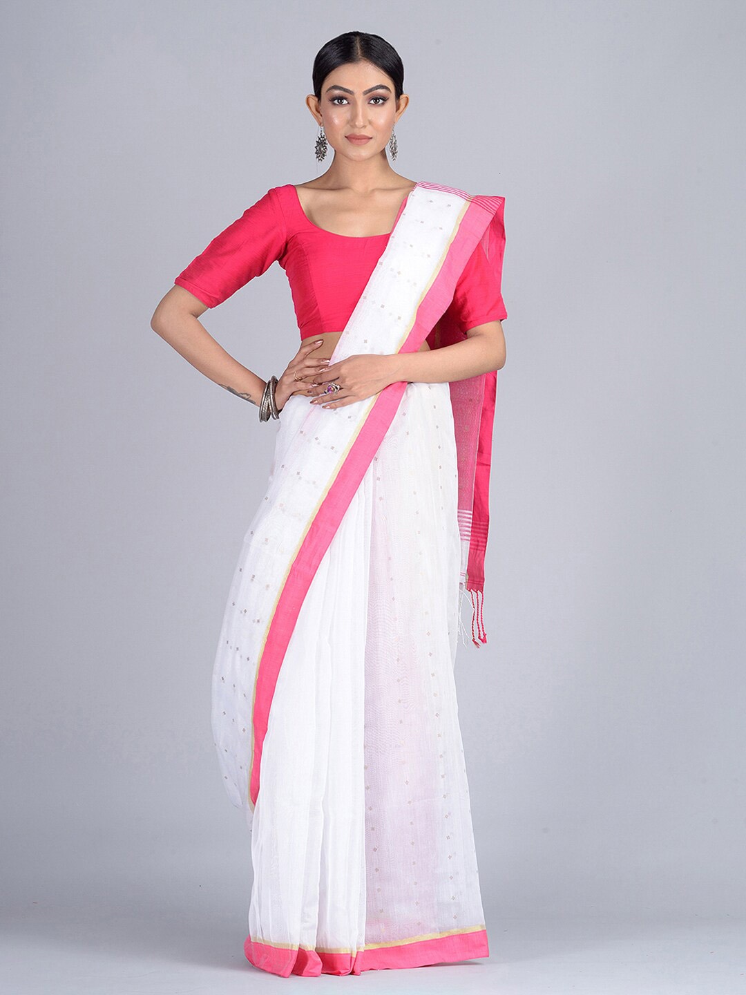 

Mitera White & Pink Embellished Silk Cotton Saree