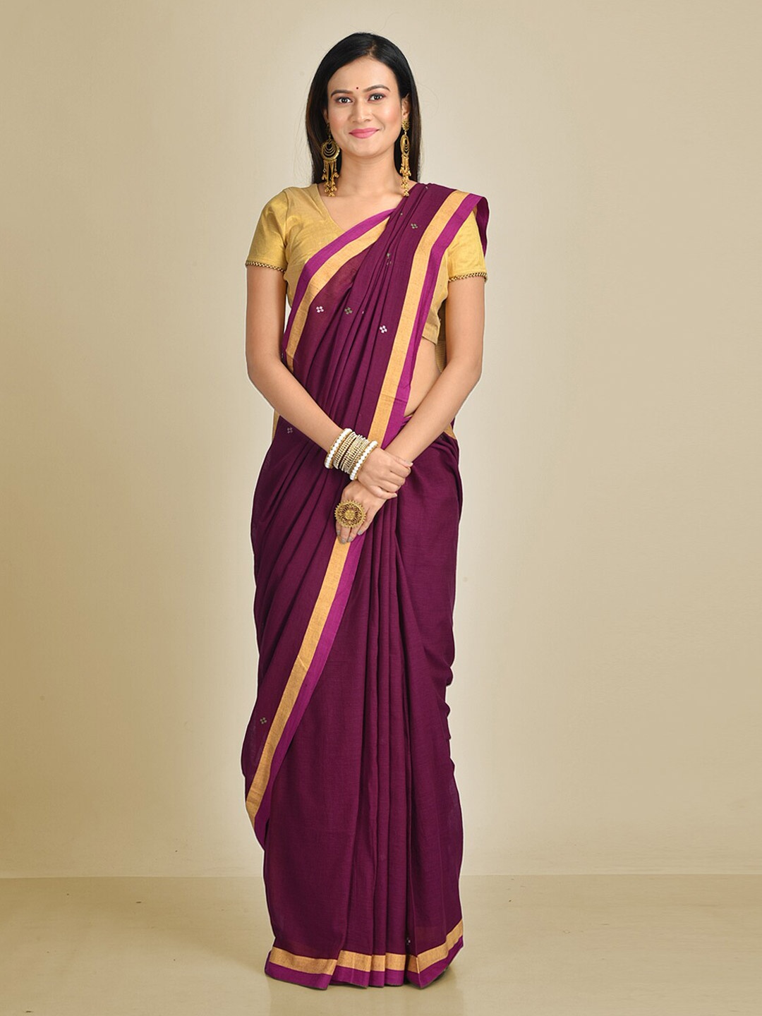

Mitera Women Purple & Silver-Toned Pure Cotton Fusion Saree