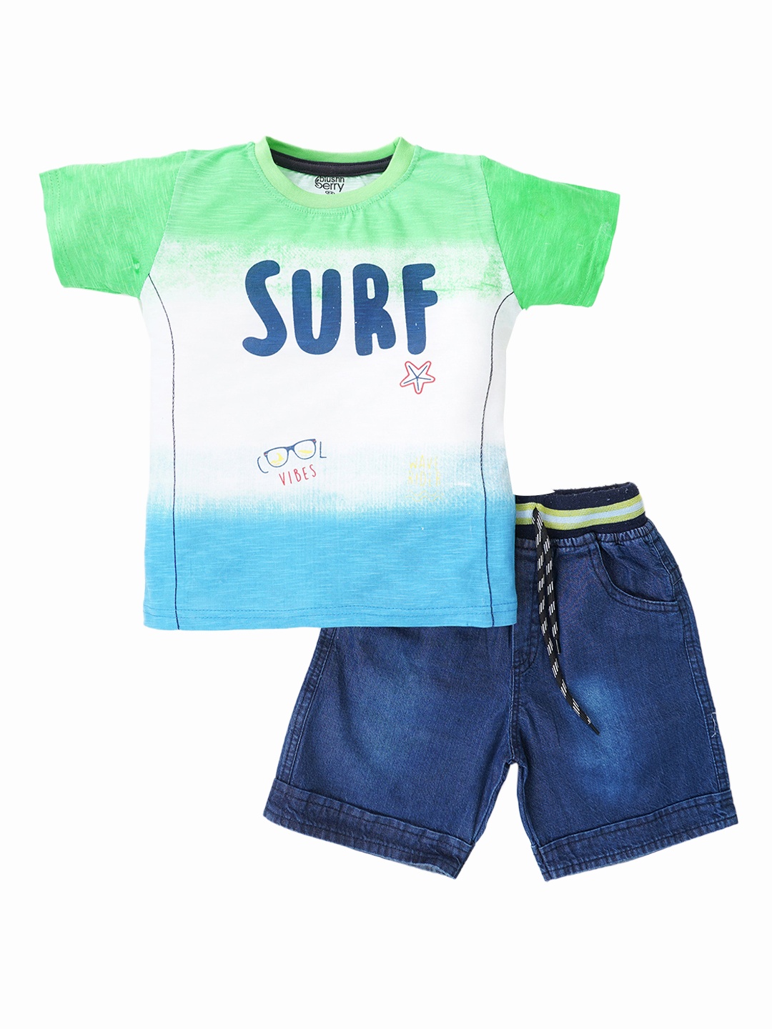 

Blushh Berry Boys Green Printed Pure Cotton T-shirt with Shorts