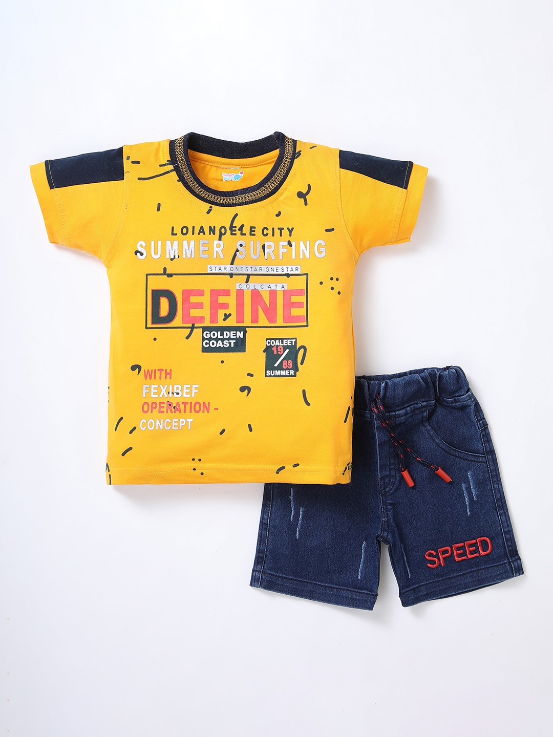 

Blushh Berry Boys Yellow & Navy Blue Printed T-shirt with Shorts
