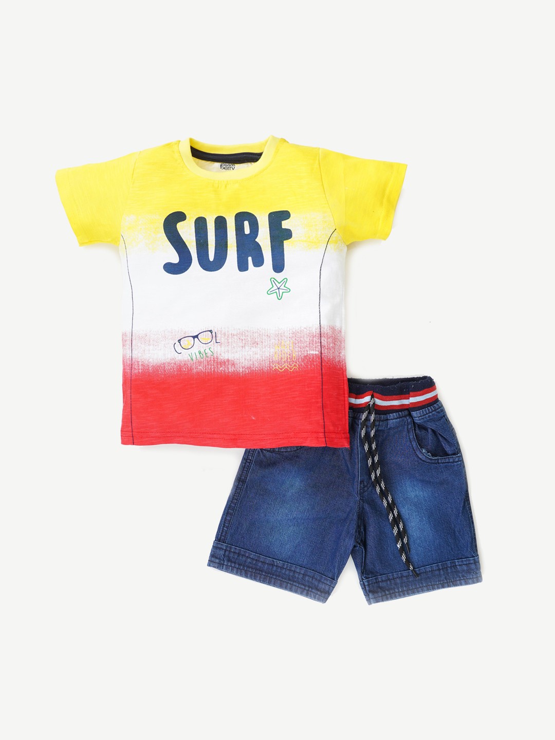 

Blushh Berry Boys Yellow & Blue Printed Pure Cotton T-shirt with Shorts