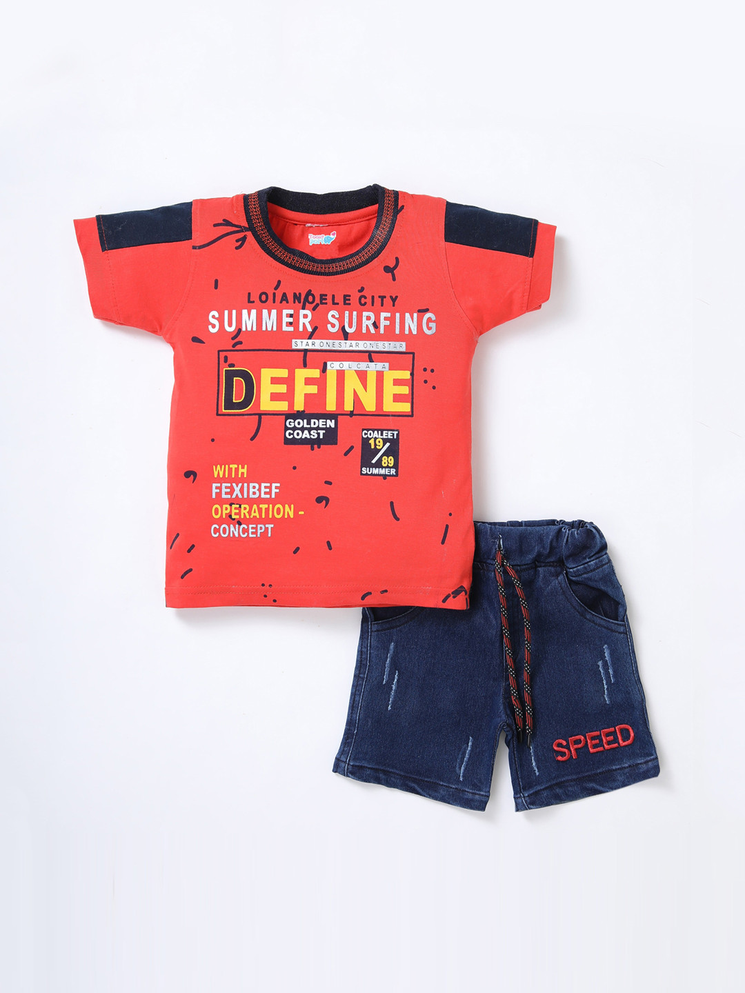 

Blushh Berry Boys Red & Navy Blue Printed Pure Cotton T-shirt with Shorts