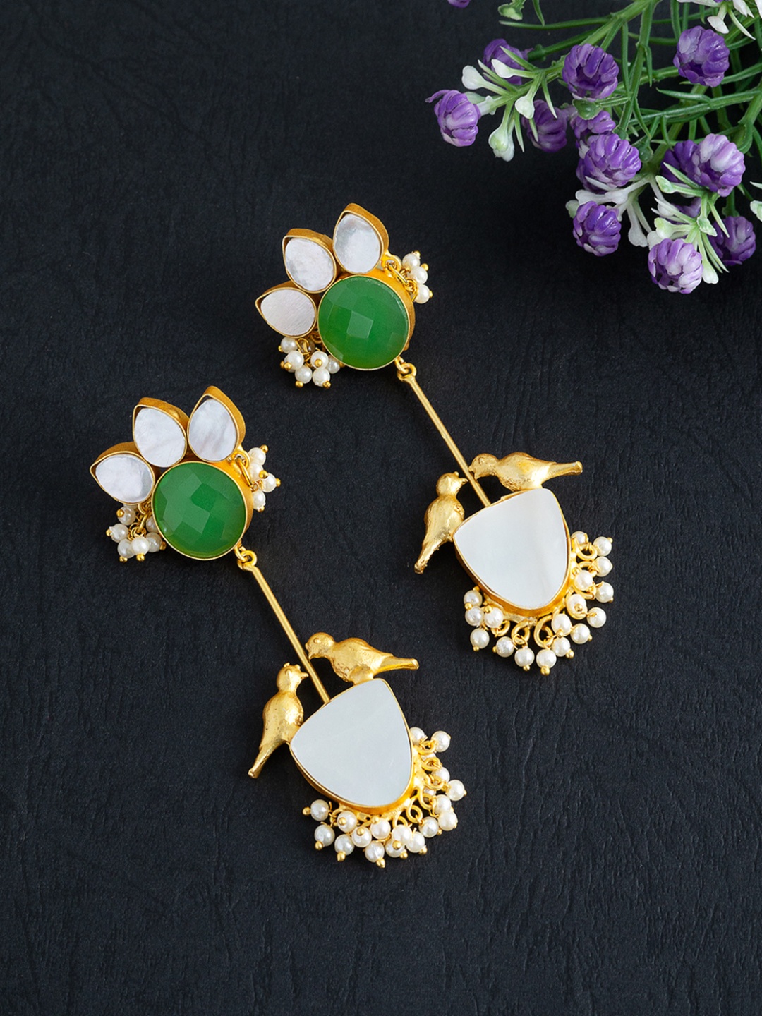 

Golden Peacock Green & Gold-Toned Onyx Stone Studded Contemporary Drop Earrings