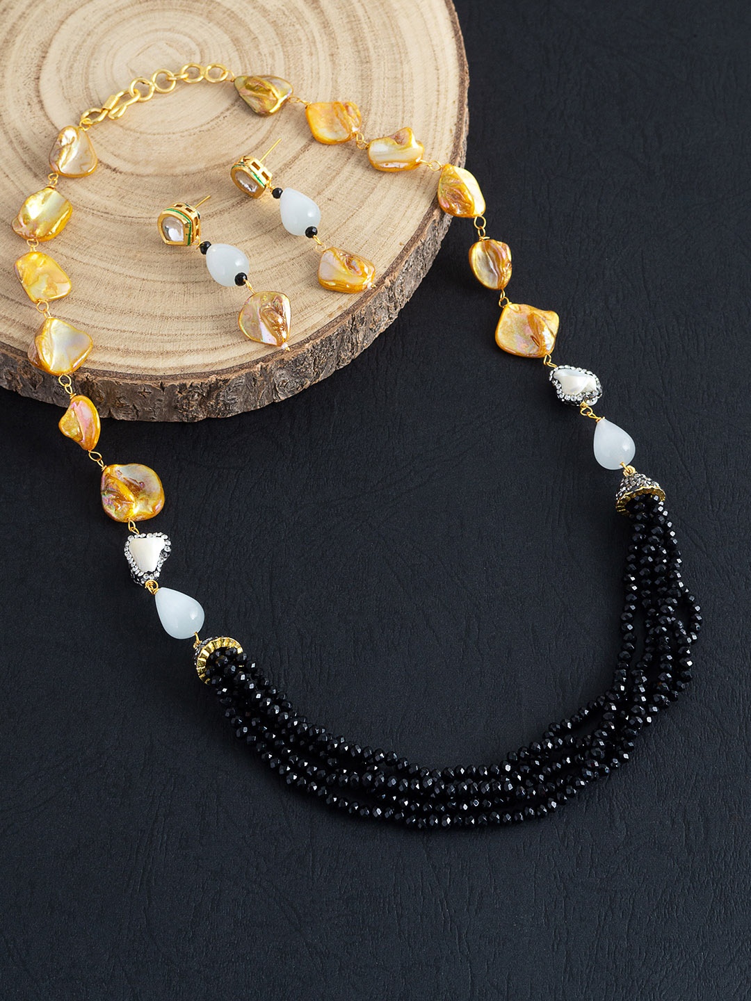

Golden Peacock Gold Toned Black Beaded Onyx Jewellery Set