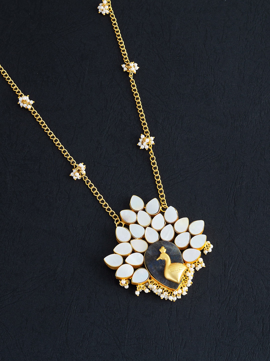 

Golden Peacock Gold-Toned White Stones & Pearls Beads Necklace