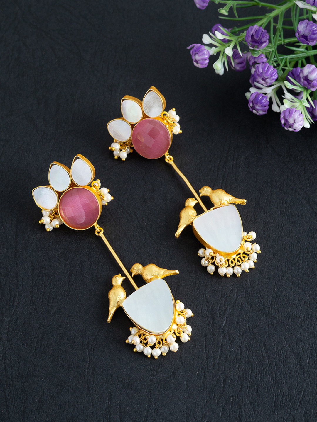 

Golden Peacock Pink & Gold-Toned Onyx Stone Studded Contemporary Drop Earrings