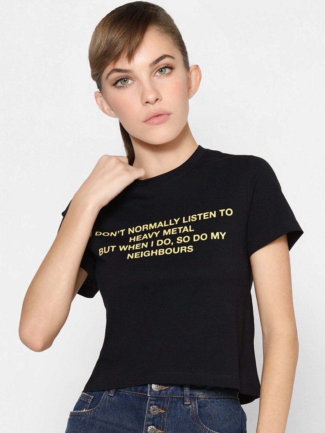 

ONLY Women Black Typography Printed Pure Cotton T-shirt