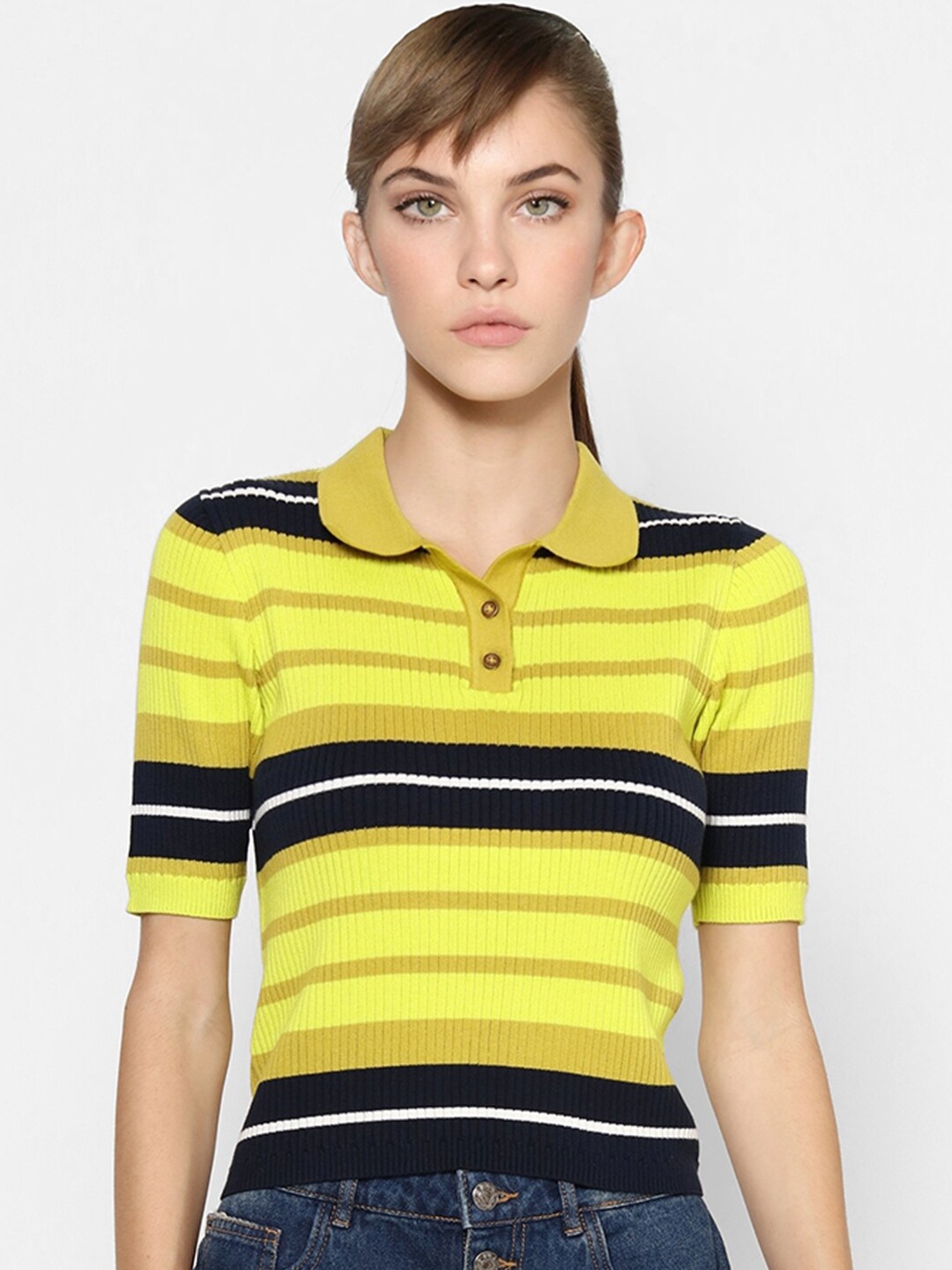 

ONLY Women Yellow Striped Polo Collar Pure Cotton T-shirt