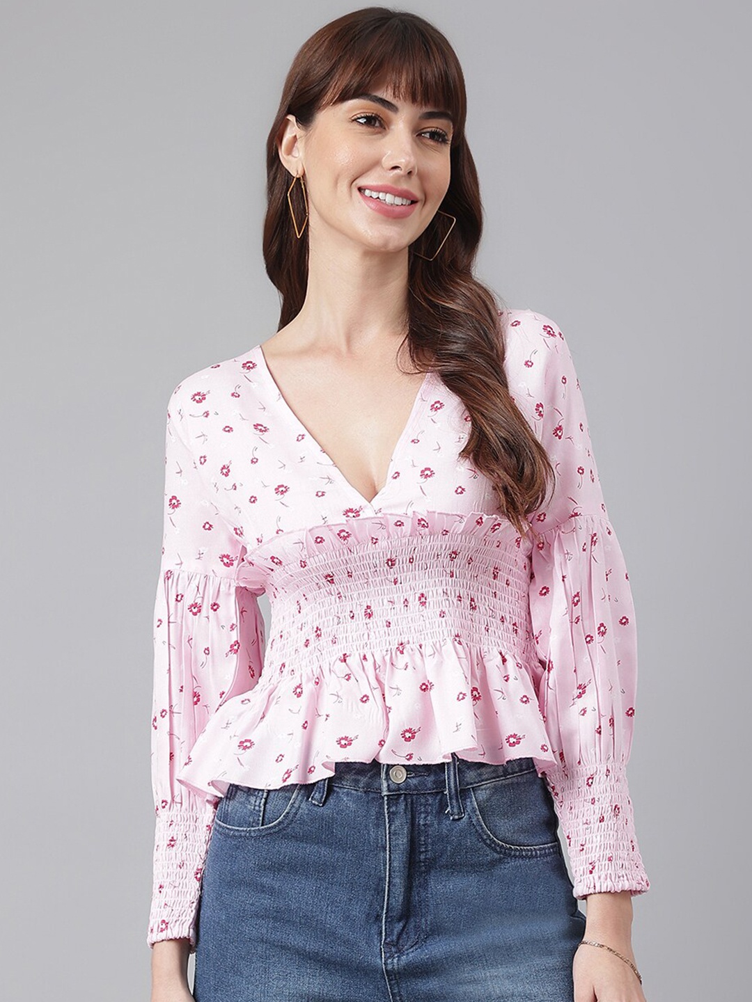 

FLAMBOYANT Pink Floral Print V Neck Top