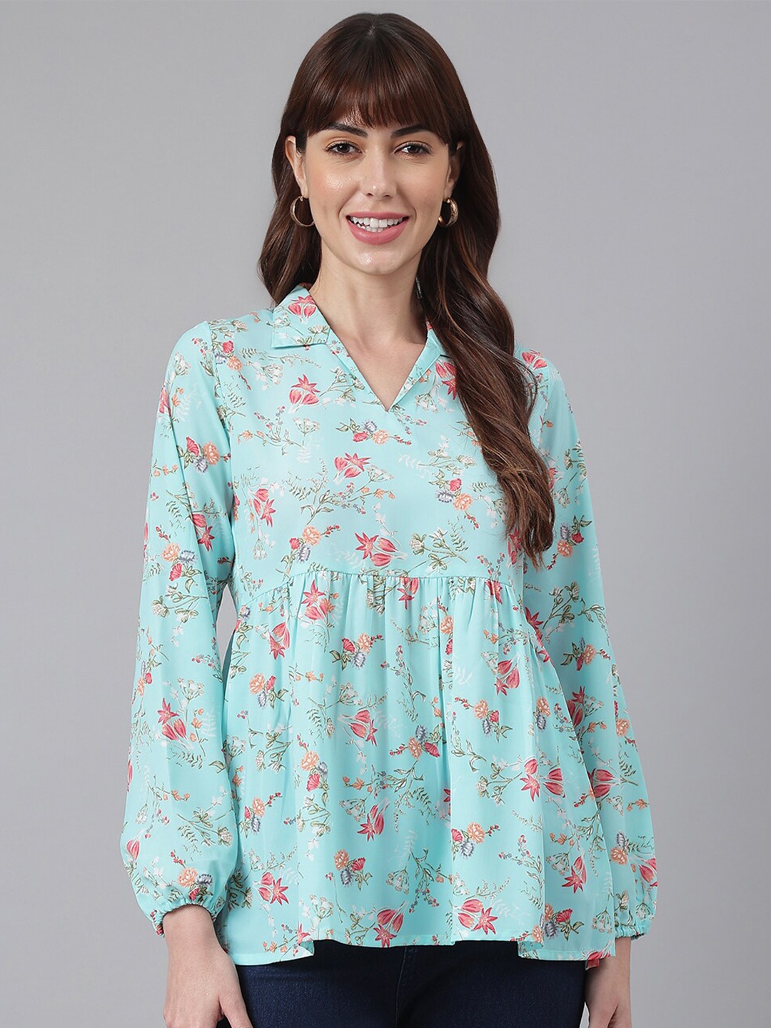 

FLAMBOYANT Women Turquoise Blue & Pink Floral Print Crepe Empire Top