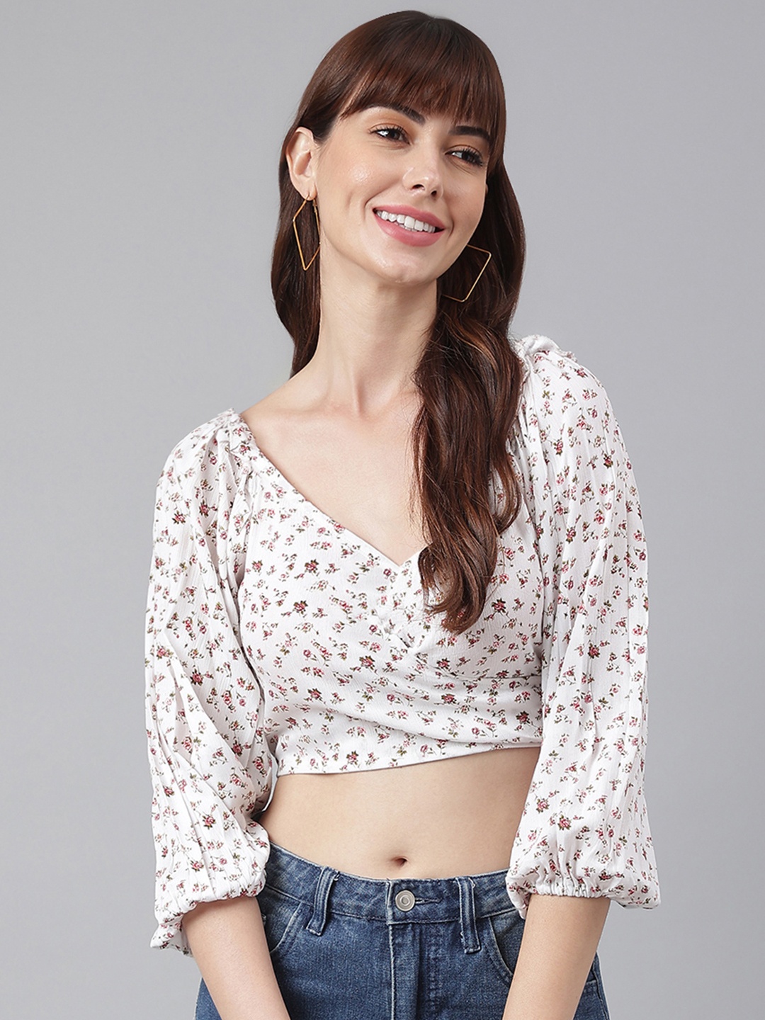 

FLAMBOYANT White Floral Printed Crepe Wrap Crop Top