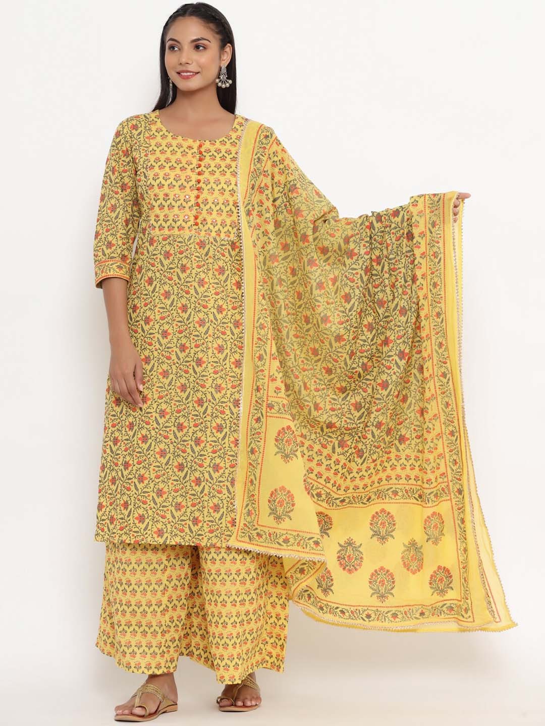 

Do Dhaage Women Yellow Floral Printed Gotta Patti Pure Cotton Kurta with Palazzos & With Dupatta