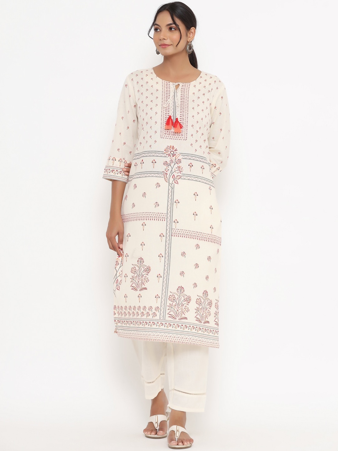 

Do Dhaage Women Off White Printed Kurta with Trouser