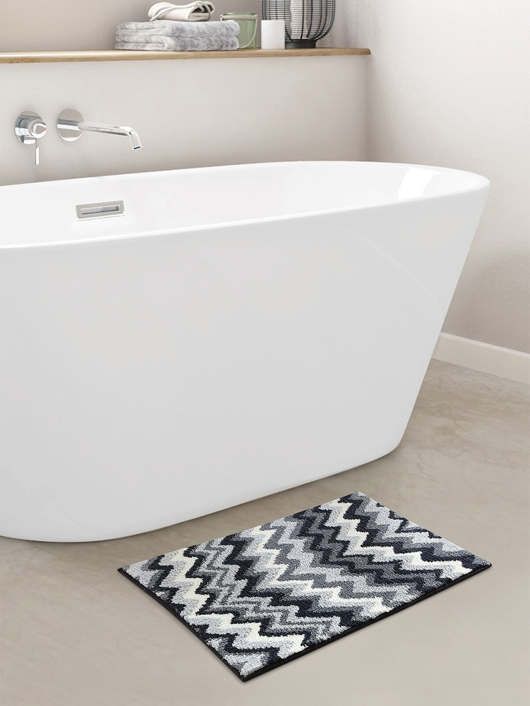 

OBSESSIONS Grey 1880 GSM Striped Anti-Skid Bath Rugs